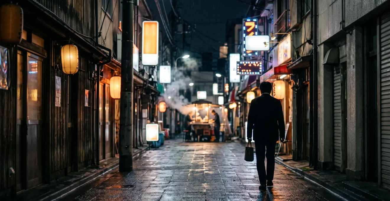 Ruelle etroite eclairee par des neons colores dans un quartier authentique de Tokyo, loin des foules touristiques