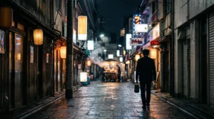 Ruelle etroite eclairee par des neons colores dans un quartier authentique de Tokyo, loin des foules touristiques