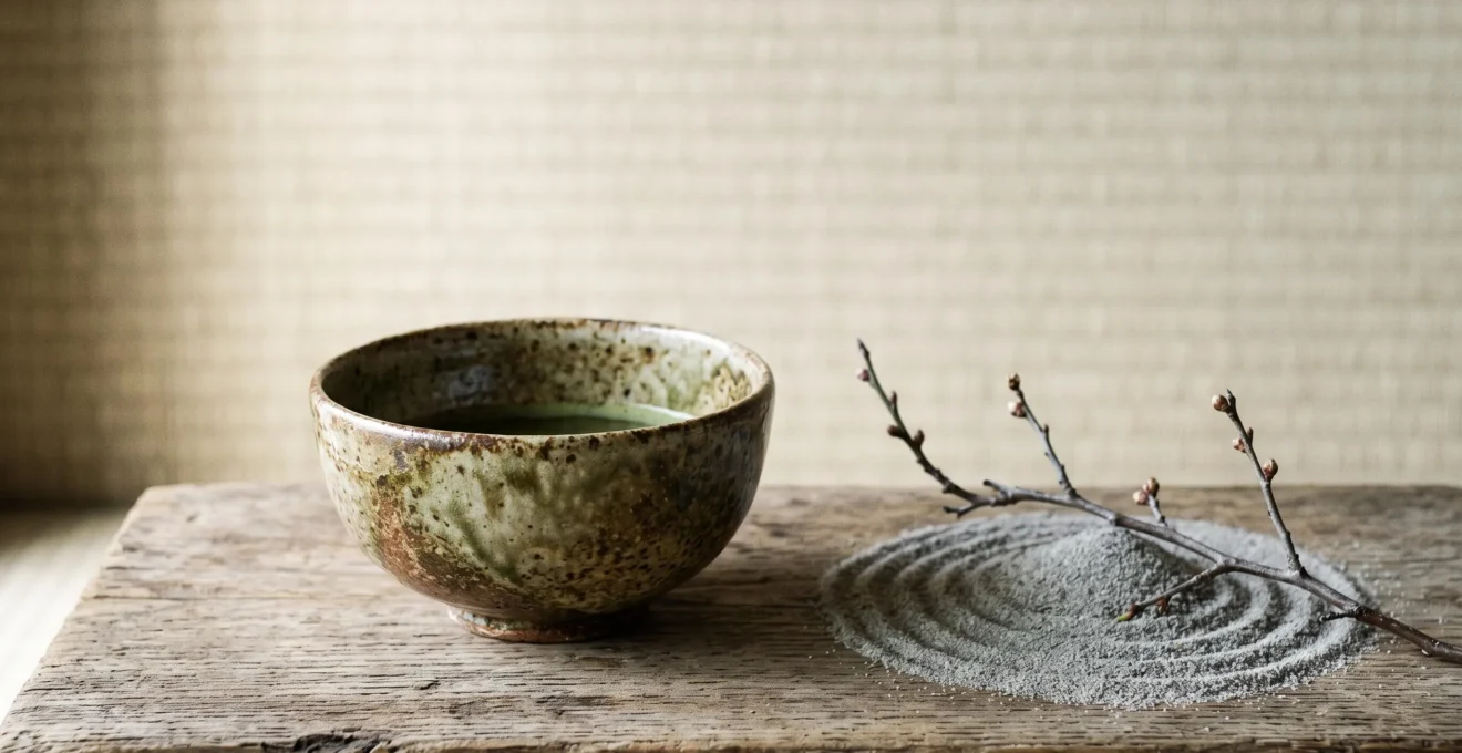 Une composition épurée évoquant le raffinement esthétique japonais à travers un bol en céramique, une branche et une lumière tamisée
