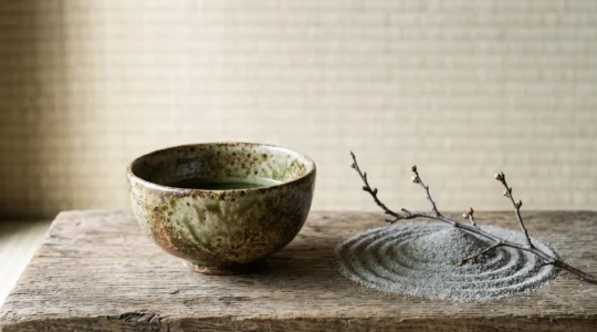Une composition épurée évoquant le raffinement esthétique japonais à travers un bol en céramique, une branche et une lumière tamisée
