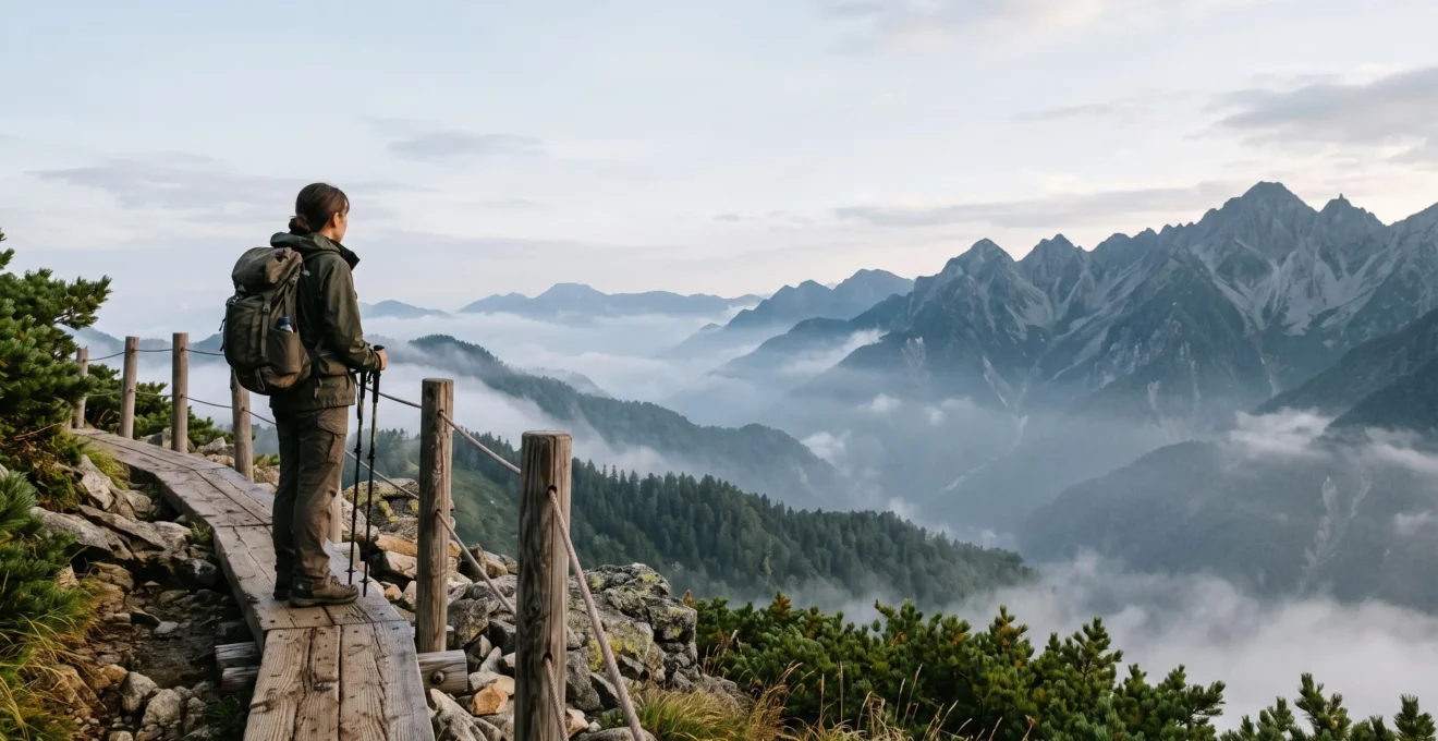 Randonneur solitaire contemplant une vallée brumeuse des Alpes japonaises entourée de sommets escarpés