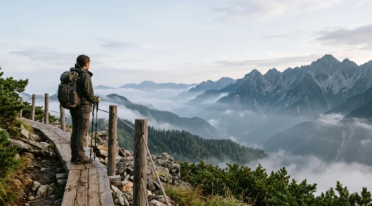 Randonneur solitaire contemplant une vallée brumeuse des Alpes japonaises entourée de sommets escarpés