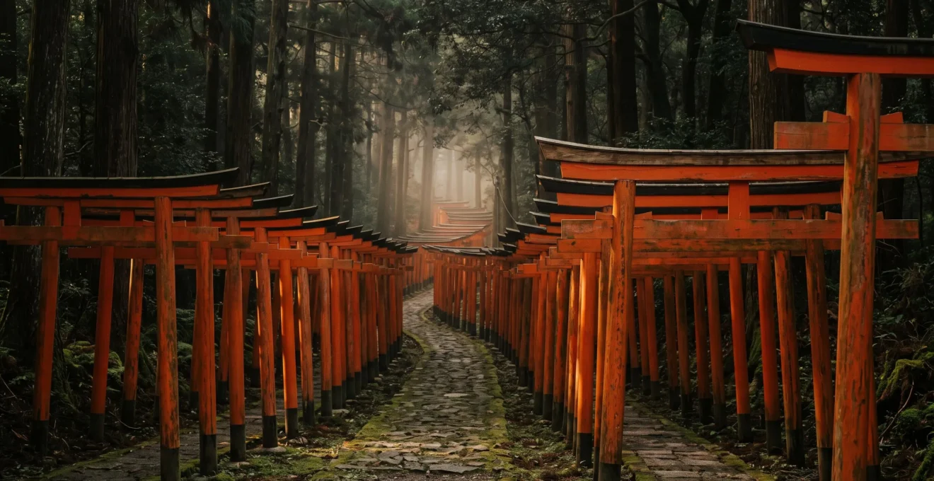Sentier de torii vermillon s'enfonçant dans une forêt japonaise baignée d'une lumière douce de fin de journée