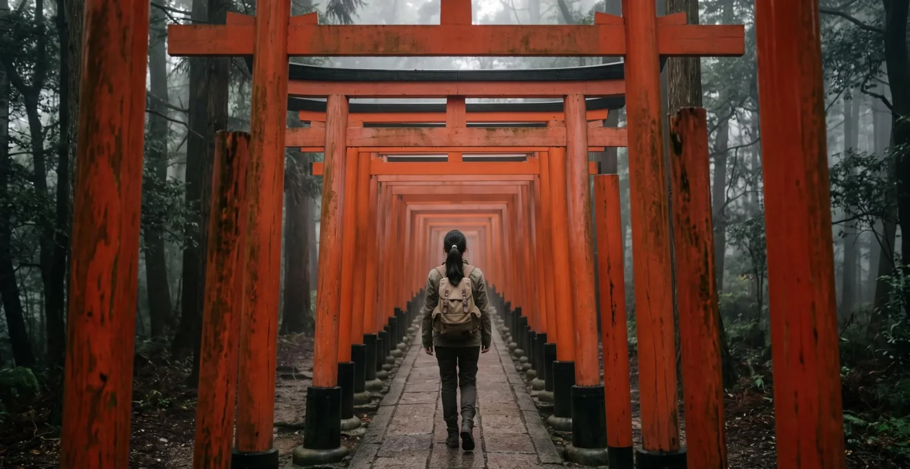 Un voyageur solitaire s'avance sous une succession de torii vermillon menant vers une forêt sacrée baignée de lumière matinale