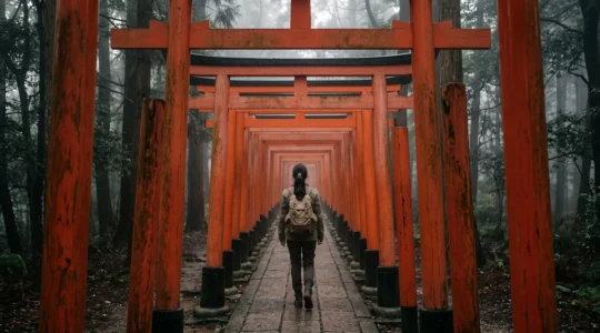 Un voyageur solitaire s'avance sous une succession de torii vermillon menant vers une forêt sacrée baignée de lumière matinale