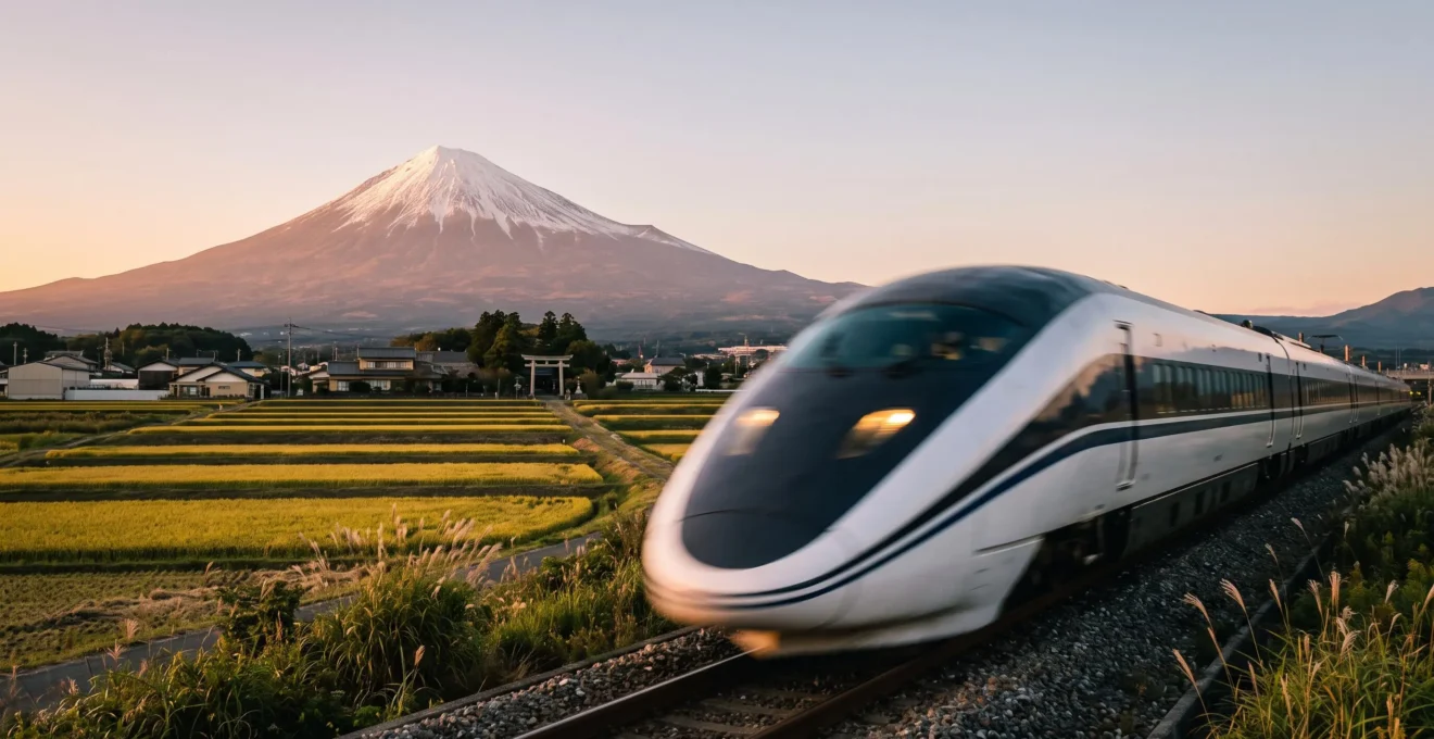 Train Shinkansen filant à grande vitesse dans un paysage japonais avec le Mont Fuji en arrière-plan au lever du jour