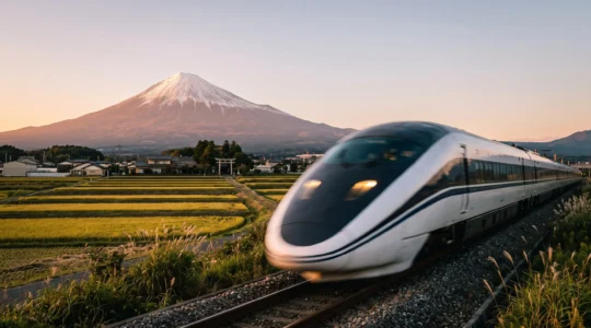 Train Shinkansen filant à grande vitesse dans un paysage japonais avec le Mont Fuji en arrière-plan au lever du jour