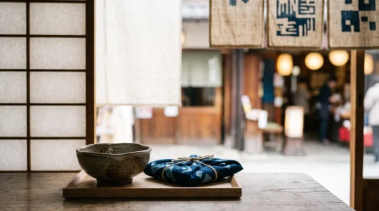 Composition elegante d'objets artisanaux japonais illustrant un shopping durable et esthetique au Japon