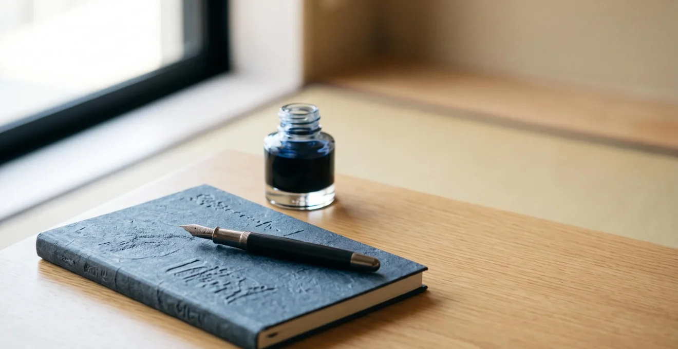 Nature morte élégante d'un stylo-plume japonais, d'un carnet relié et d'un flacon d'encre posés sur une table en bois clair
