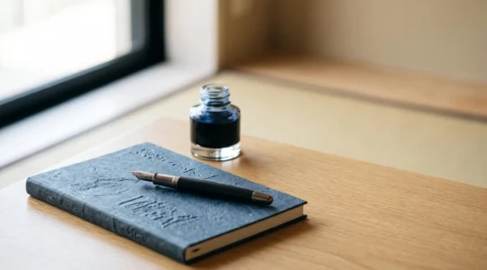 Nature morte élégante d'un stylo-plume japonais, d'un carnet relié et d'un flacon d'encre posés sur une table en bois clair