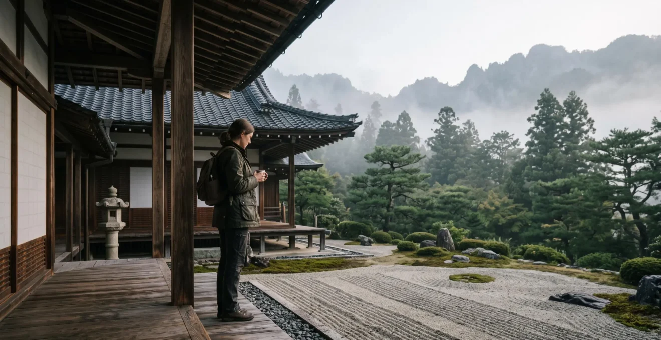 Un visiteur solitaire contemple un temple zen japonais désert dans la lumière douce du petit matin