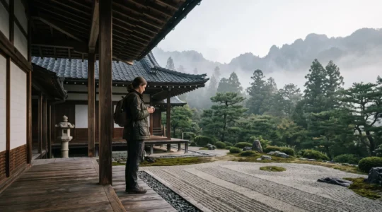Un visiteur solitaire contemple un temple zen japonais désert dans la lumière douce du petit matin