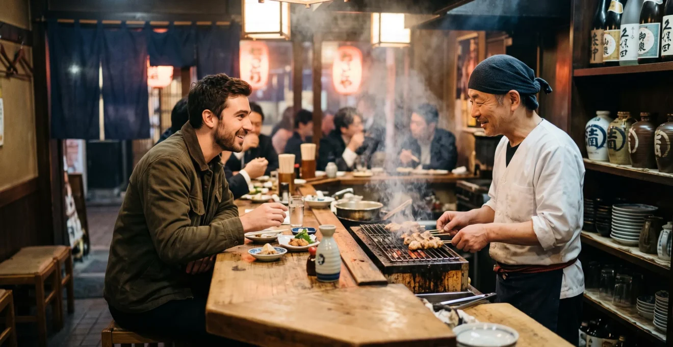 Comptoir d'un izakaya traditionnel japonais avec un client échangeant un regard complice avec le chef, ambiance chaleureuse et tamisée