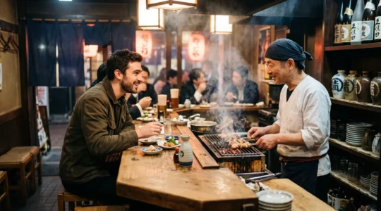 Comptoir d'un izakaya traditionnel japonais avec un client échangeant un regard complice avec le chef, ambiance chaleureuse et tamisée