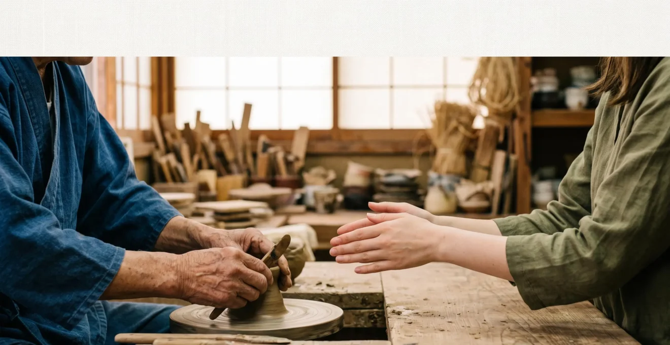 Voyageur observant attentivement les mains d'un artisan japonais au travail dans un atelier traditionnel baigne de lumiere naturelle