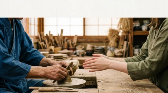 Voyageur observant attentivement les mains d'un artisan japonais au travail dans un atelier traditionnel baigne de lumiere naturelle