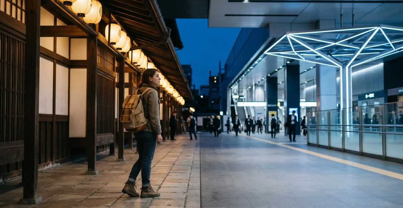 Voyageur consultant un plan de gare japonaise moderne entoure de technologies discretes