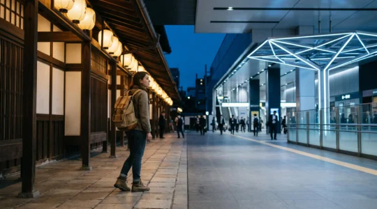 Voyageur consultant un plan de gare japonaise moderne entoure de technologies discretes