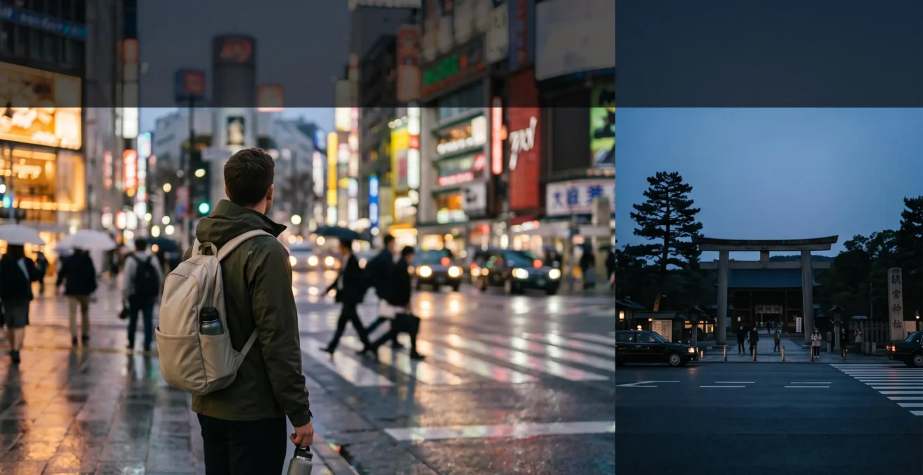 Voyageur observant un croisement animé de Tokyo au crépuscule, entre néons et silhouette de temple traditionnel