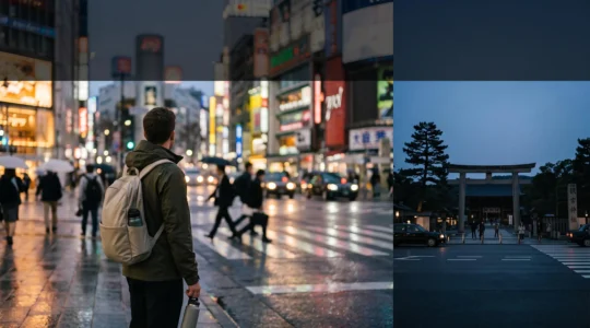 Voyageur observant un croisement animé de Tokyo au crépuscule, entre néons et silhouette de temple traditionnel