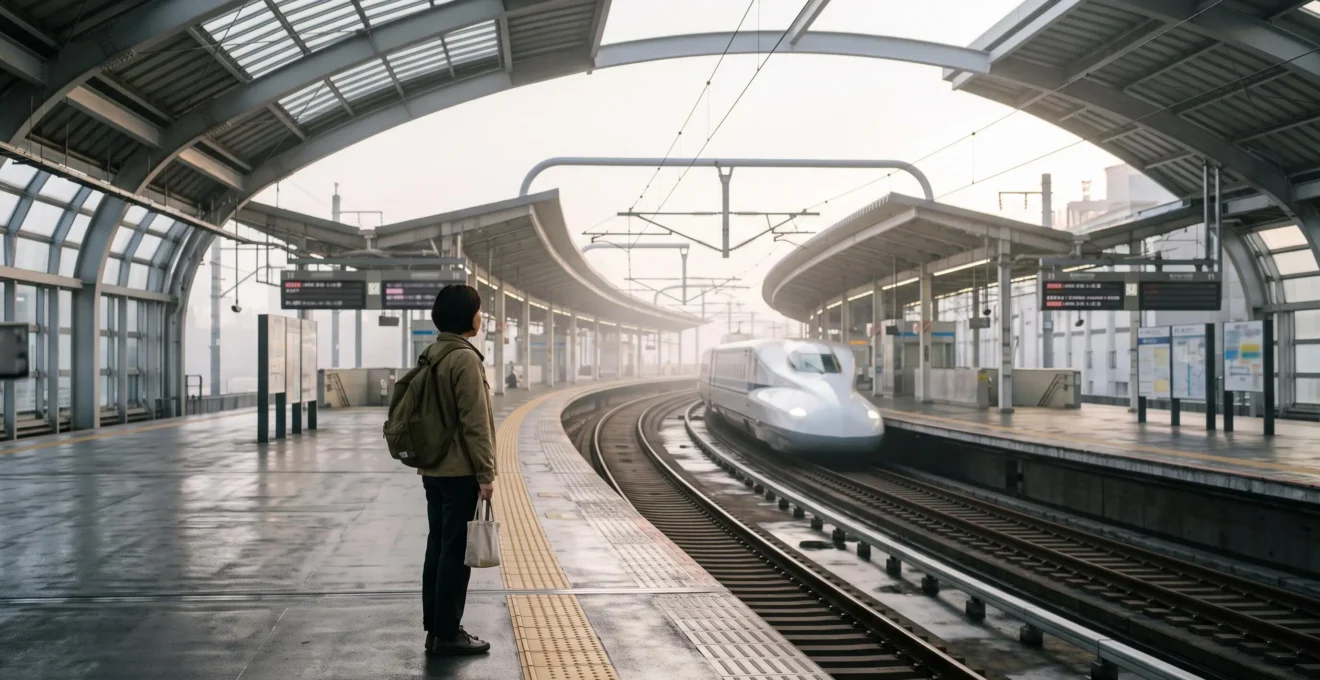 Voyageur sur un quai de gare japonaise observant l'arrivée d'un train à grande vitesse, symbolisant le choix du bon pass ferroviaire