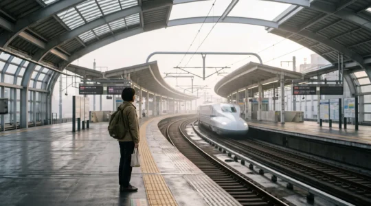 Voyageur sur un quai de gare japonaise observant l'arrivée d'un train à grande vitesse, symbolisant le choix du bon pass ferroviaire