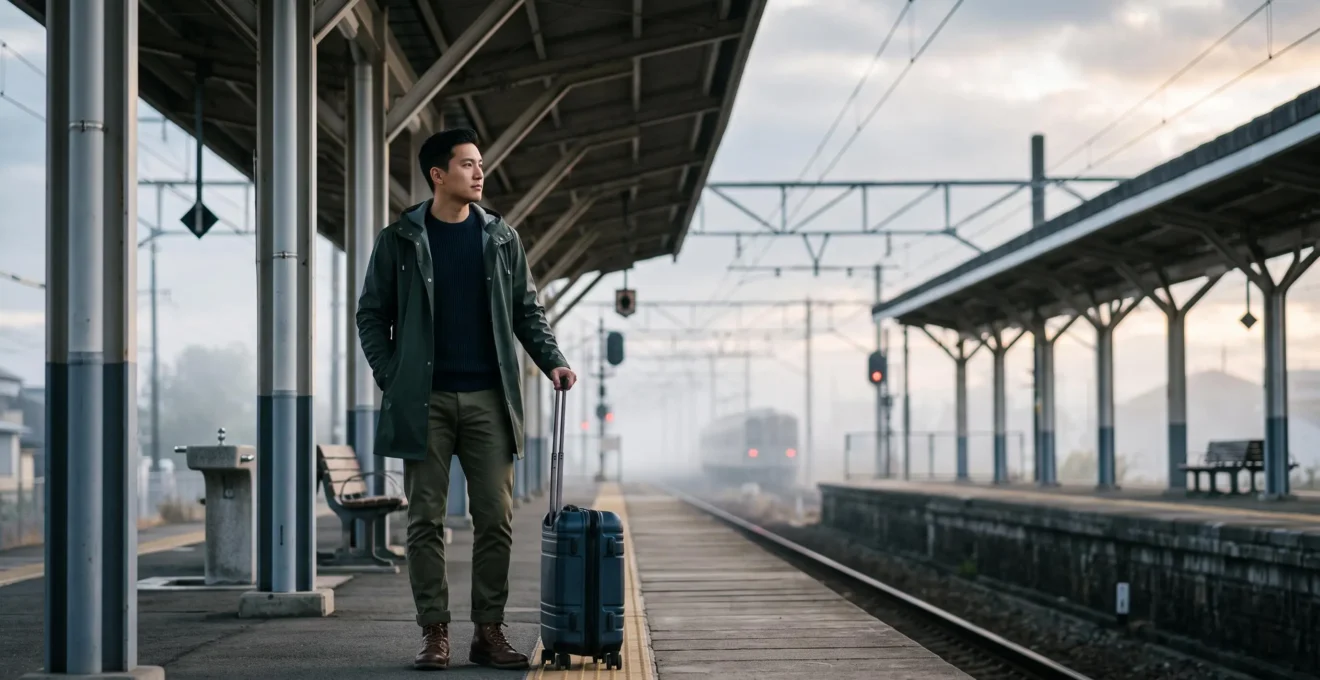 Voyageur avec une valise cabine se tenant calmement sur un quai de gare japonaise épuré, symbolisant une logistique de voyage maîtrisée