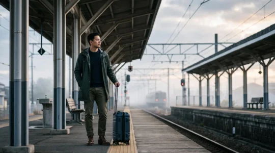Voyageur avec une valise cabine se tenant calmement sur un quai de gare japonaise épuré, symbolisant une logistique de voyage maîtrisée
