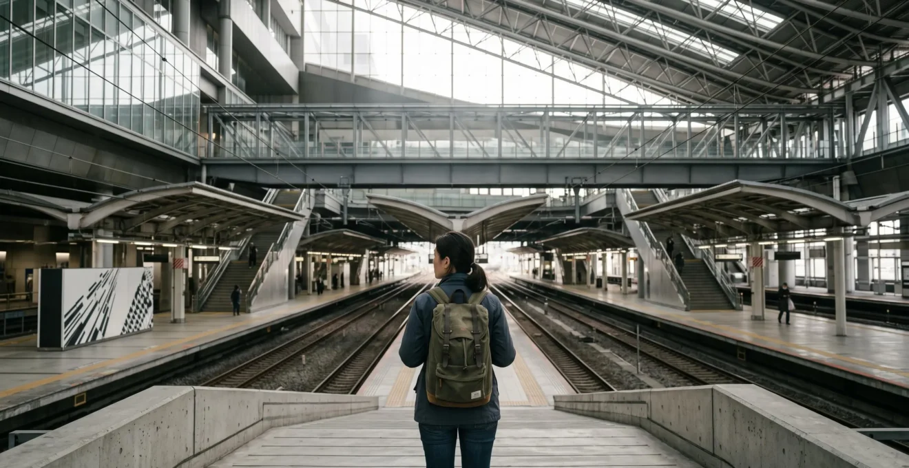 Voyageur avec un sac a dos se repérant au centre d'une gare ferroviaire japonaise immense et labyrinthique