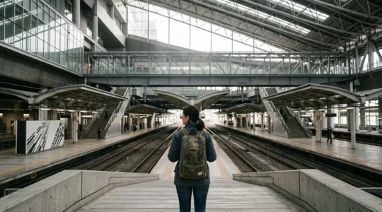 Voyageur avec un sac a dos se repérant au centre d'une gare ferroviaire japonaise immense et labyrinthique